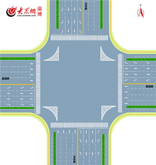 北京路与昌国路路口渠化示意图(注:该路口四个方向均为为1条左转车道