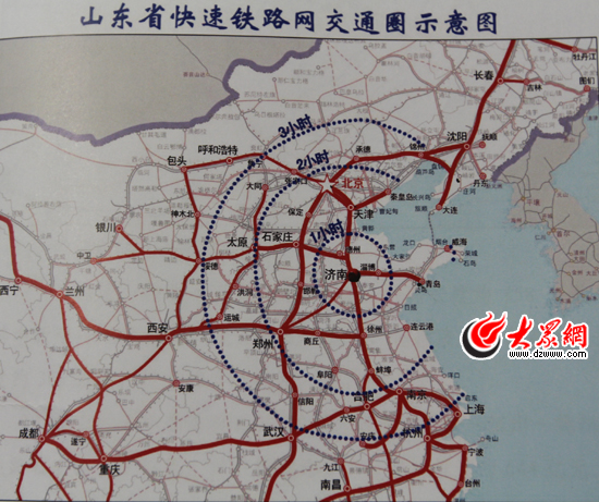 山东省快速铁路网交通圈示意图